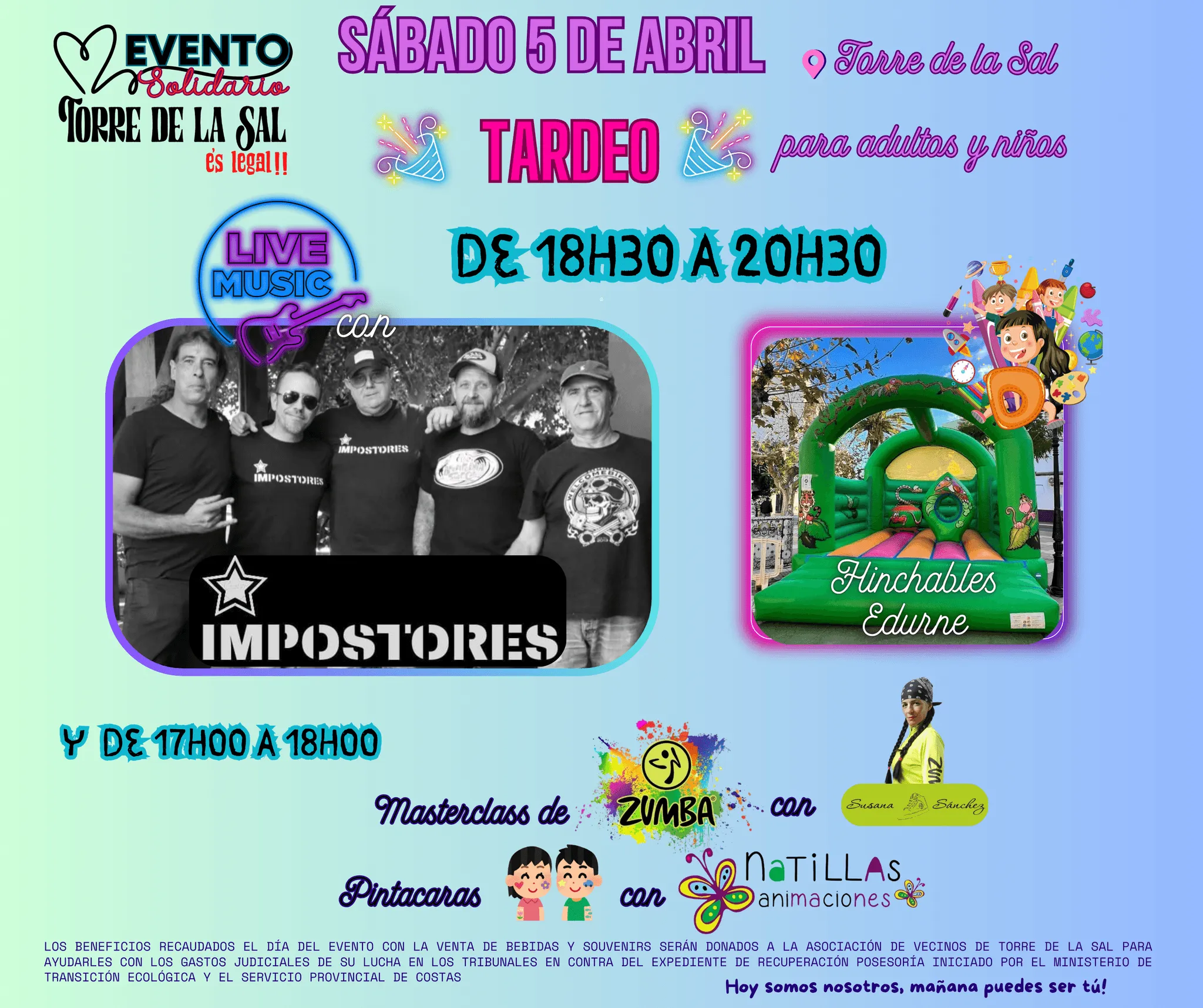 Sábado 5 de abril 2025 Tardeo en Torre la Sal de 18h30 a 20h30. Evento solidario Torre la Sal es legal !